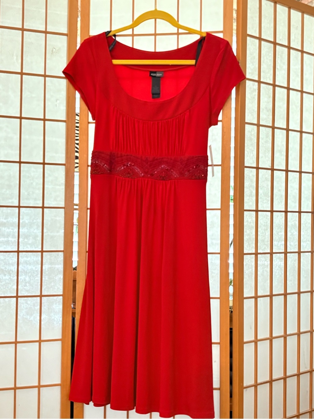 Bisou Bisou Vibrant Red Scoop-Neck Midi Dress with Beaded Waist 12 NWT